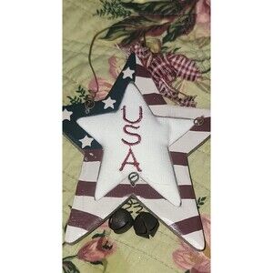JULY 4TH ornament USA Star embroidered White Red & Blue Hanging 5" Independence